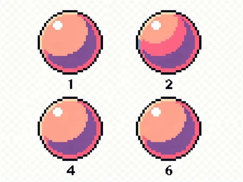 Quatre essais de boules roses en pixel art, avec différentes ombres et reflets.
